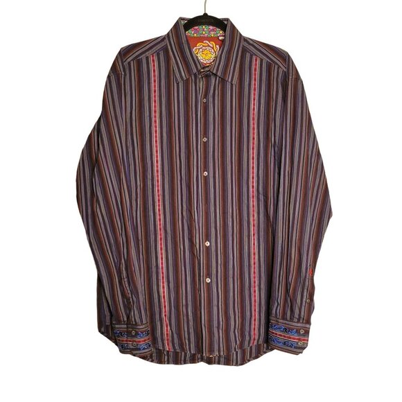 Robert Graham Men's XL Button Down Striped Flip Cuff Multicolored Shirt MIssing - Picture 1 of 13